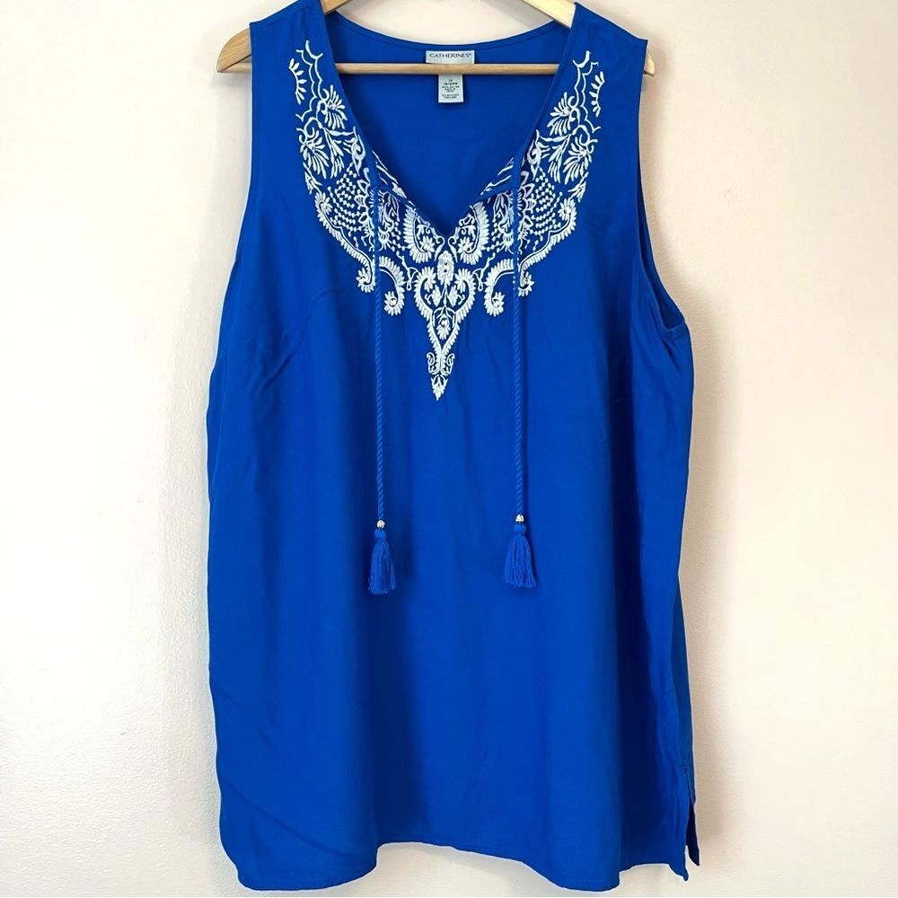 Catherines Embroidered Sleeveless Tank Top Womens 1X Royal Blue Tunic Summer